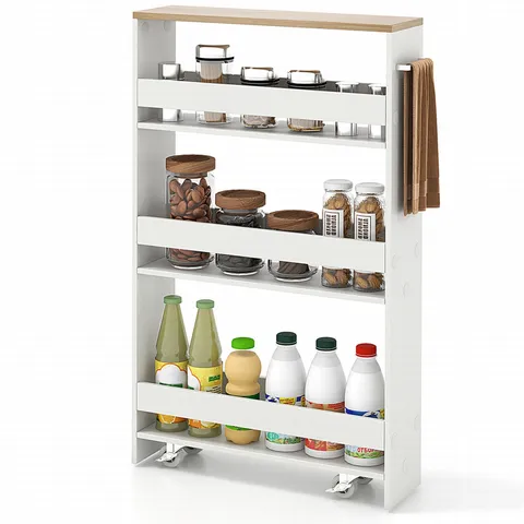 White Metal Base with Wood Metal Top Rolling Kitchen Cart
