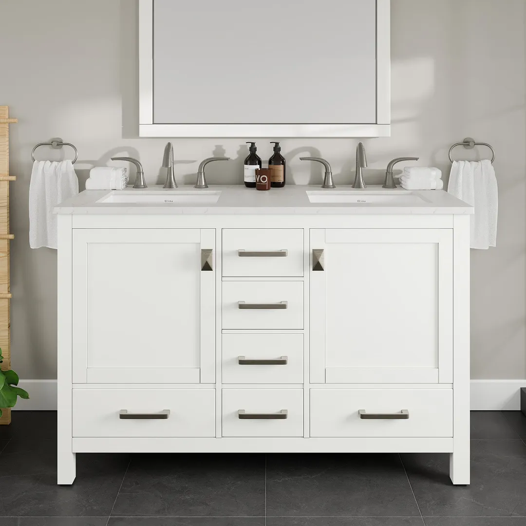 Eviva Aberdeen 48 in. W x 22 in. D x 34 in. H Espresso Double Bathroom Vanity with White Carrara Marble Top and White Undermount Sinks, photo 2 of 9