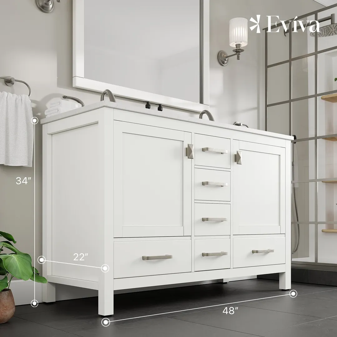 Eviva Aberdeen 48 in. W x 22 in. D x 34 in. H Espresso Double Bathroom Vanity with White Carrara Marble Top and White Undermount Sinks, photo 3 of 9