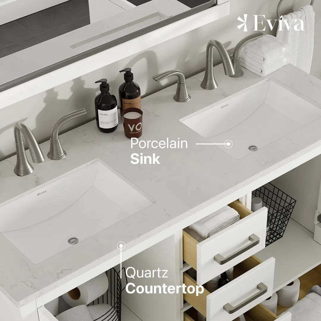 Eviva Aberdeen 48 in. W x 22 in. D x 34 in. H Espresso Double Bathroom Vanity with White Carrara Marble Top and White Undermount Sinks, photo 4 of 9
