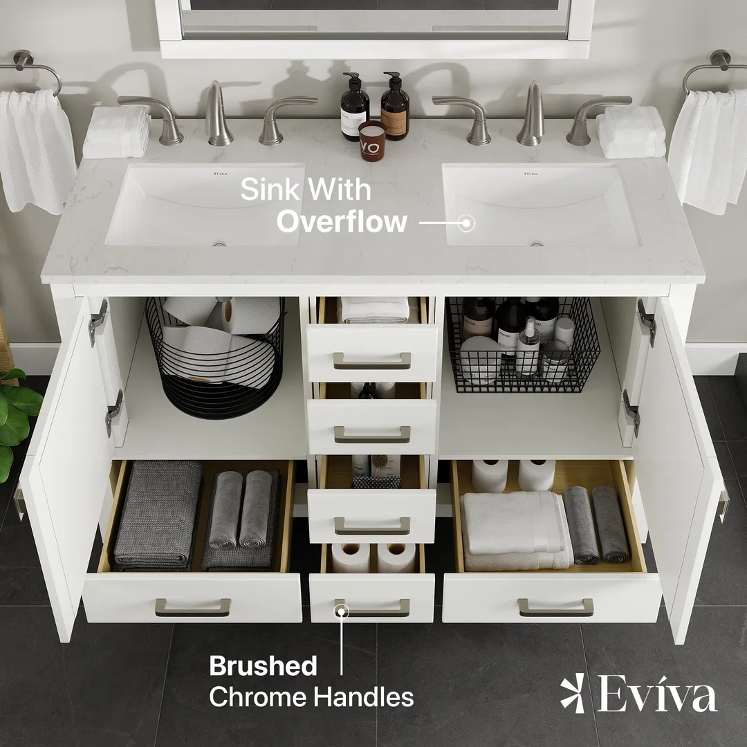 Eviva Aberdeen 48 in. W x 22 in. D x 34 in. H Espresso Double Bathroom Vanity with White Carrara Marble Top and White Undermount Sinks, photo 5 of 9