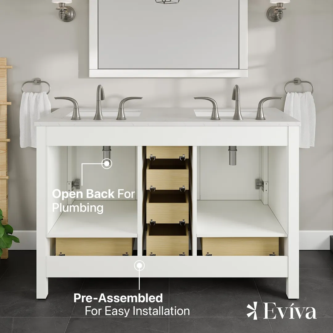 Eviva Aberdeen 48 in. W x 22 in. D x 34 in. H Espresso Double Bathroom Vanity with White Carrara Marble Top and White Undermount Sinks, photo 7 of 9
