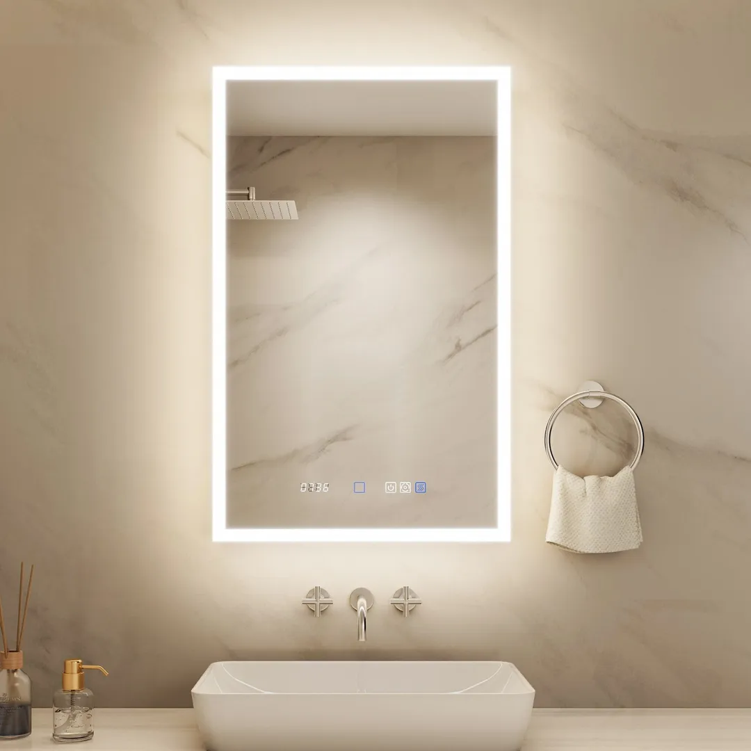 ExBrite 20-in x 32-in Lighted LED Fog Free Surface/Recessed Mount Silver Mirrored Soft Close Medicine Cabinet with Outlet, photo 4 of 20