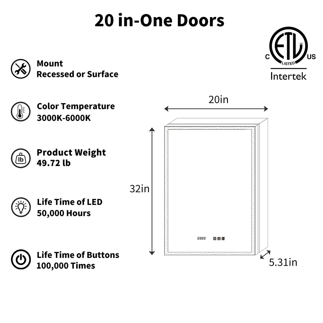 ExBrite 20-in x 32-in Lighted LED Fog Free Surface/Recessed Mount Silver Mirrored Soft Close Medicine Cabinet with Outlet, photo 2 of 20