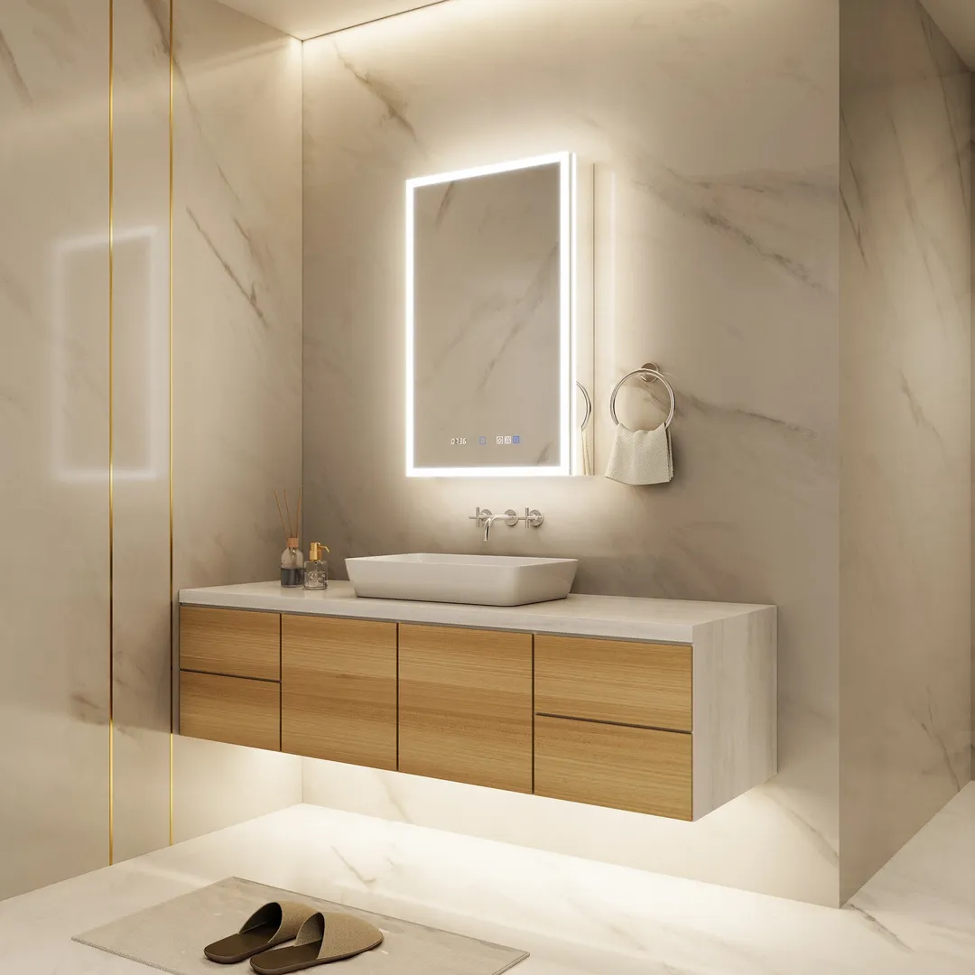 ExBrite 20-in x 32-in Lighted LED Fog Free Surface/Recessed Mount Silver Mirrored Soft Close Medicine Cabinet with Outlet, photo 3 of 20