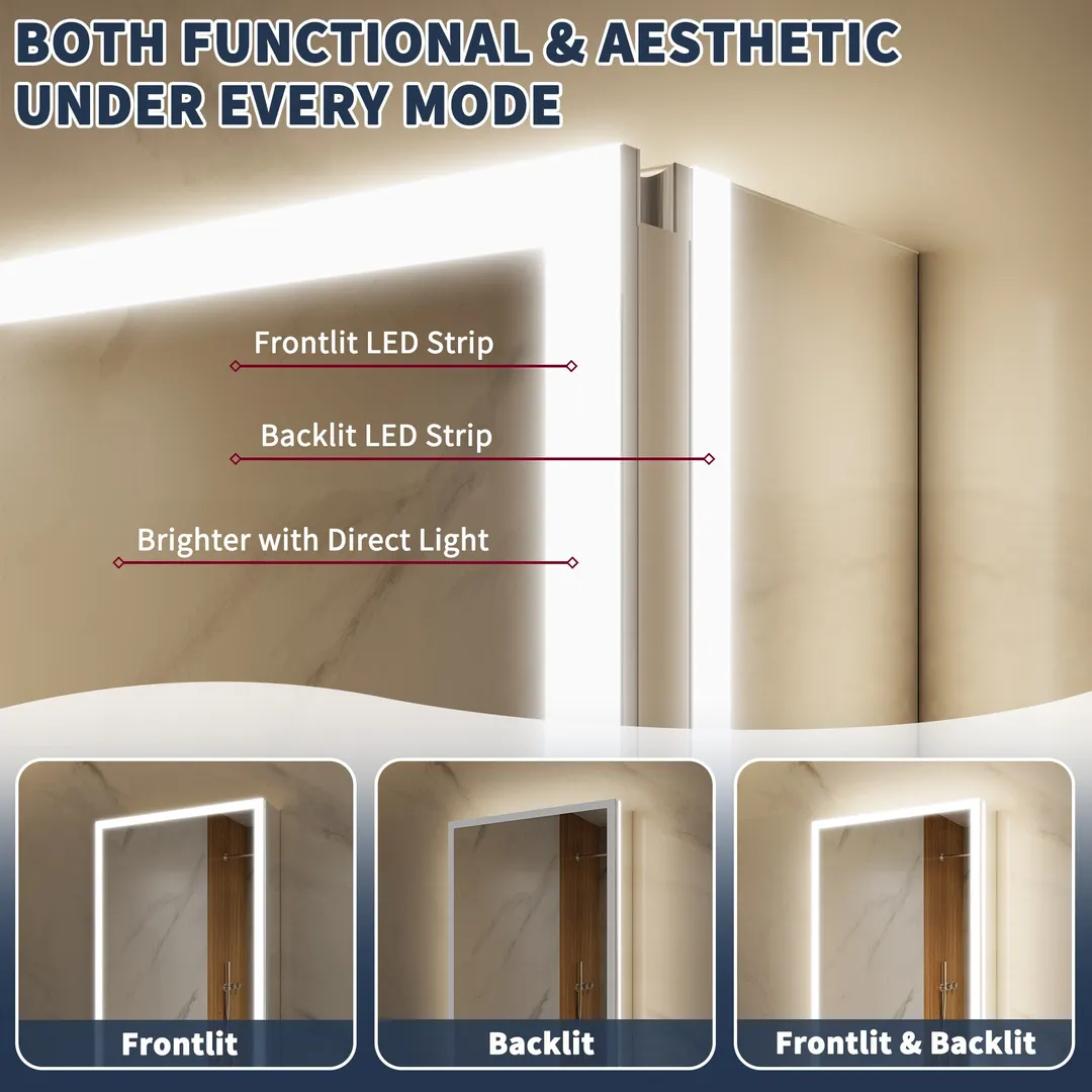 ExBrite 20-in x 32-in Lighted LED Fog Free Surface/Recessed Mount Silver Mirrored Soft Close Medicine Cabinet with Outlet, photo 7 of 20