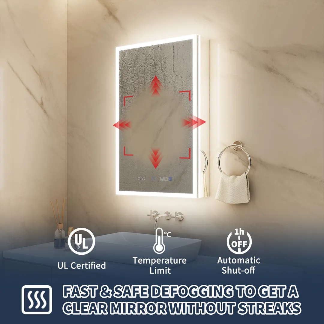 ExBrite 20-in x 32-in Lighted LED Fog Free Surface/Recessed Mount Silver Mirrored Soft Close Medicine Cabinet with Outlet, photo 11 of 20