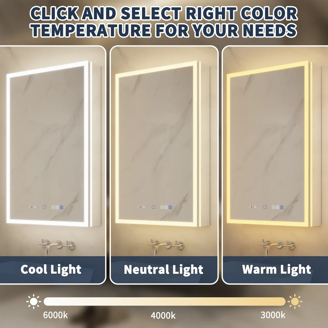 ExBrite 24-in x 32-in Lighted LED Fog Free Surface/Recessed Mount Silver Mirrored Soft Close Medicine Cabinet with Outlet, photo 8 of 20