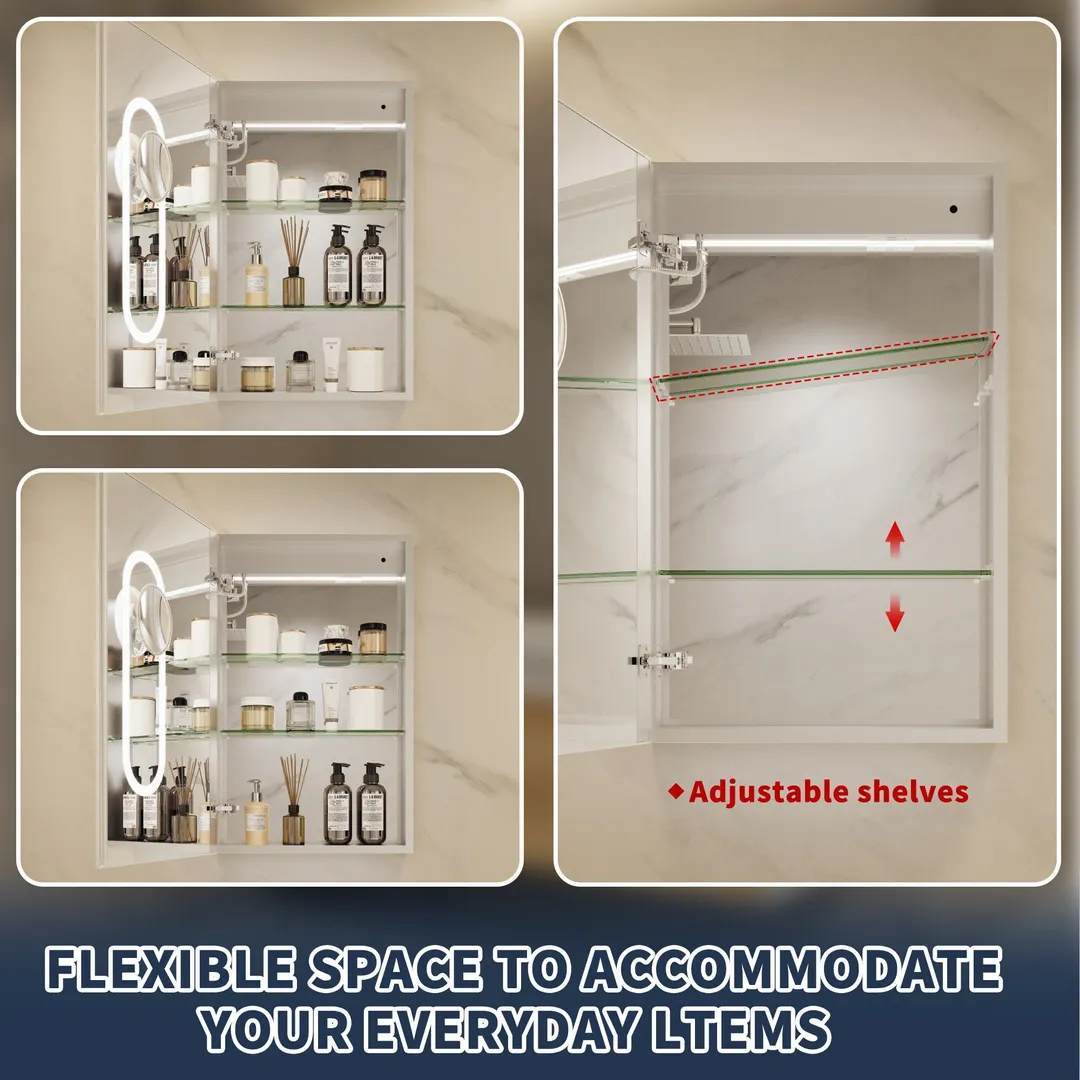 ExBrite 20-in x 32-in Lighted LED Fog Free Surface/Recessed Mount Silver Mirrored Soft Close Medicine Cabinet with Outlet, photo 13 of 20