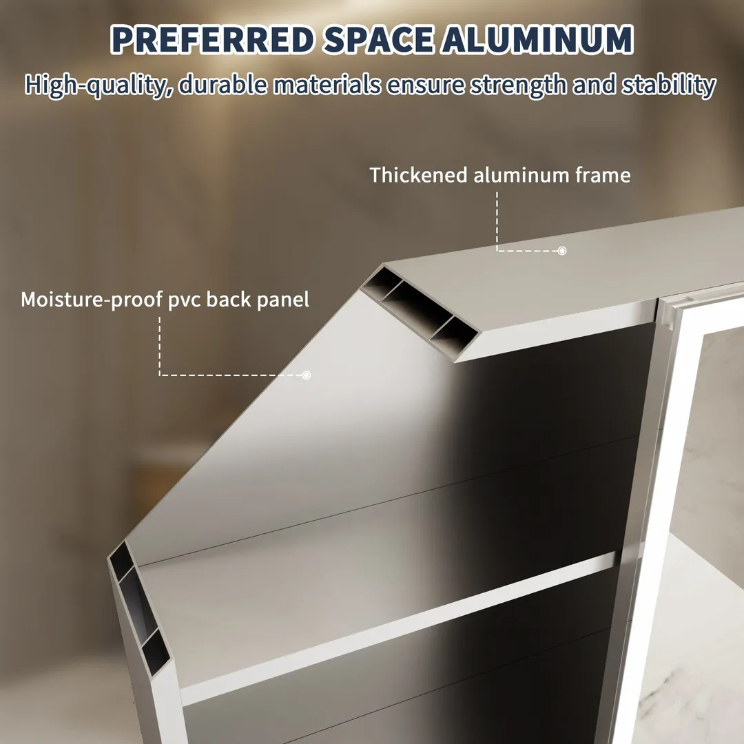 ExBrite 20-in x 32-in Lighted LED Fog Free Surface/Recessed Mount Silver Mirrored Soft Close Medicine Cabinet with Outlet, photo 15 of 20