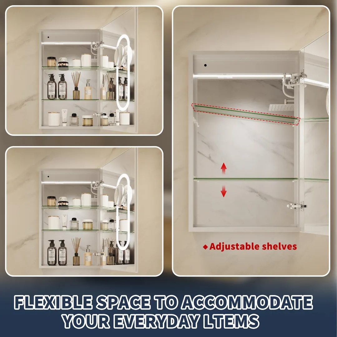 ExBrite 20-in x 32-in Lighted LED Fog Free Surface/Recessed Mount Silver Mirrored Soft Close Medicine Cabinet with Outlet, photo 13 of 20