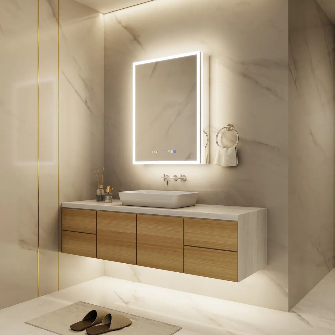 ExBrite 24-in x 32-in Lighted LED Fog Free Surface/Recessed Mount Silver Mirrored Soft Close Medicine Cabinet with Outlet, photo 3 of 20