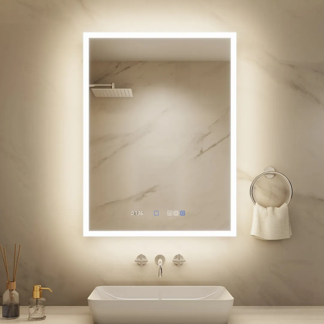 ExBrite 24-in x 32-in Lighted LED Fog Free Surface/Recessed Mount Silver Mirrored Soft Close Medicine Cabinet with Outlet, photo 4 of 20
