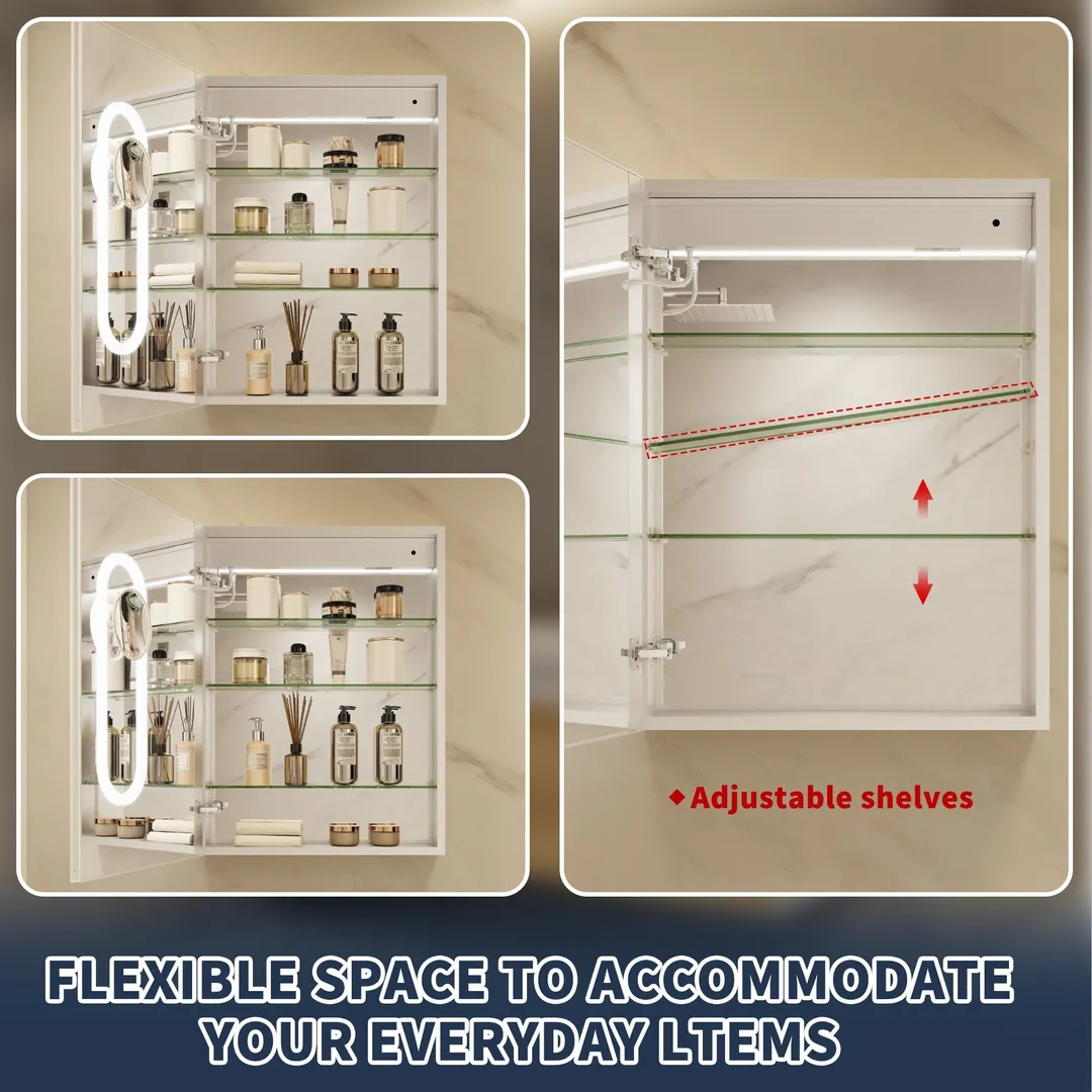 ExBrite 24-in x 32-in Lighted LED Fog Free Surface/Recessed Mount Silver Mirrored Soft Close Medicine Cabinet with Outlet, photo 13 of 20