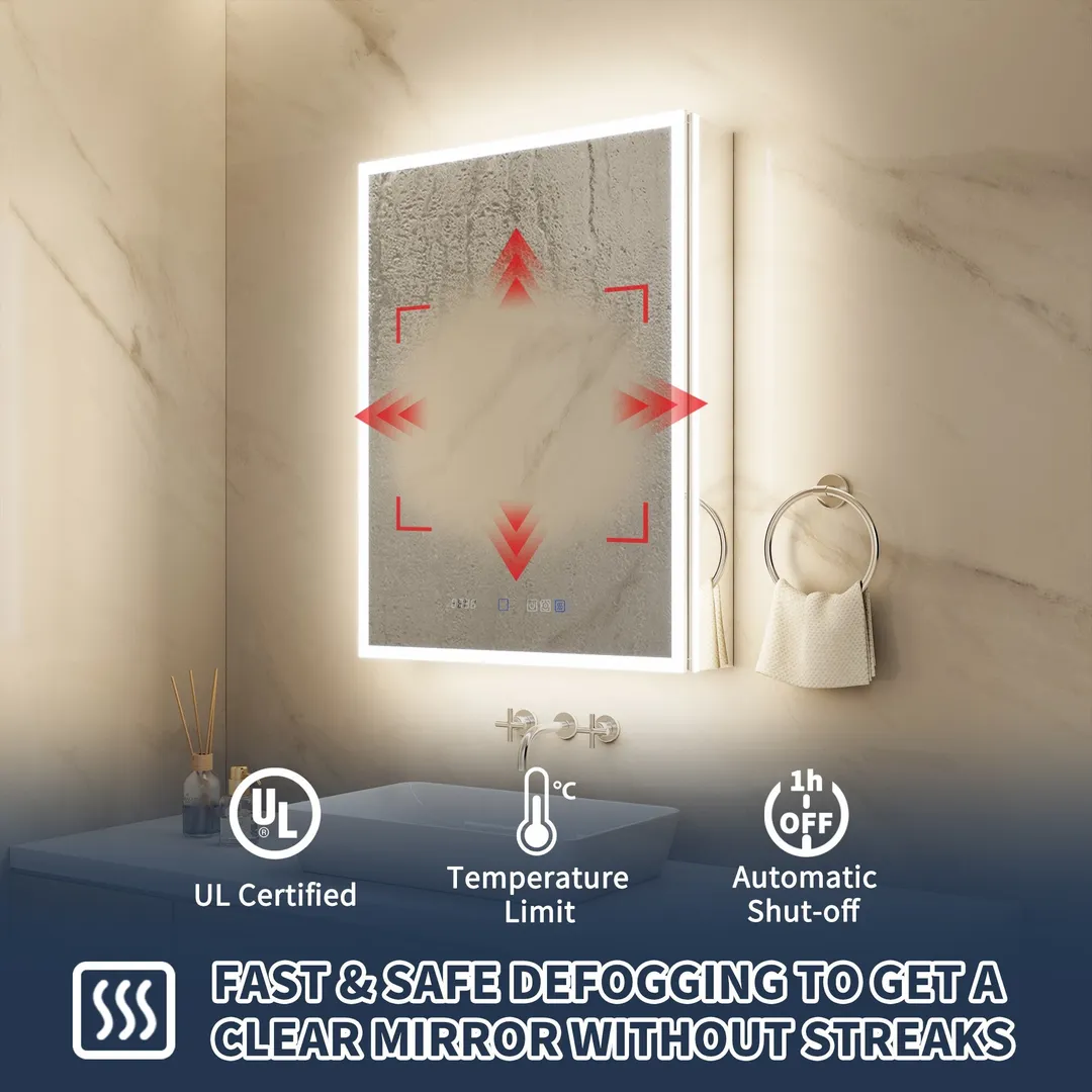 ExBrite 24-in x 32-in Lighted LED Fog Free Surface/Recessed Mount Silver Mirrored Soft Close Medicine Cabinet with Outlet, photo 11 of 20
