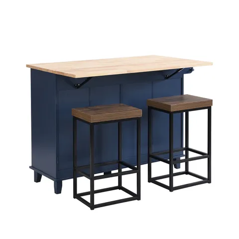 Blue Mdf Base with Wood Top Rolling Kitchen Island