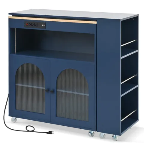 Blue Mdf Base with Mdf Wood Top Rolling Kitchen Island