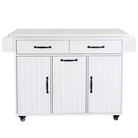 White Mdf Base with Mdf Wood Top Rolling Kitchen Cart