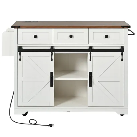 White Mdf Base with Mdf Wood Top Rolling Kitchen Island