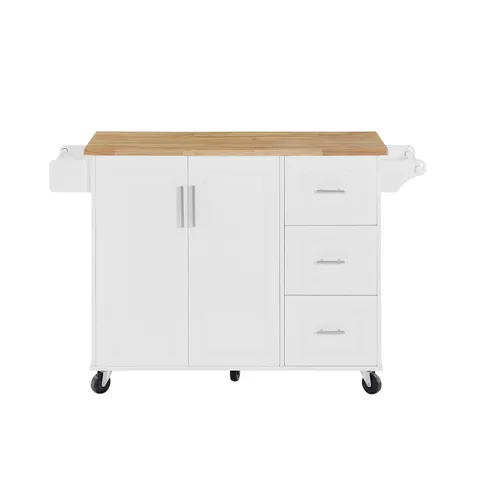 White Mdf Base with Mdf Wood Top Rolling Kitchen Island