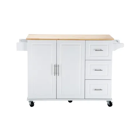 White Mdf Base with Wood Top Rolling Kitchen Island