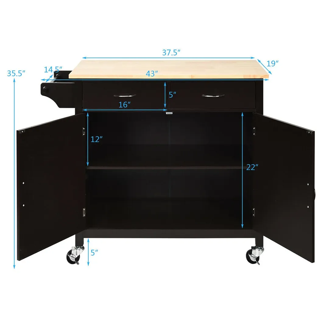 Costway Black Wood Base with Wood Top Rolling Kitchen Cart (19-in x 43-in x 35.5-in), photo 2 of 10