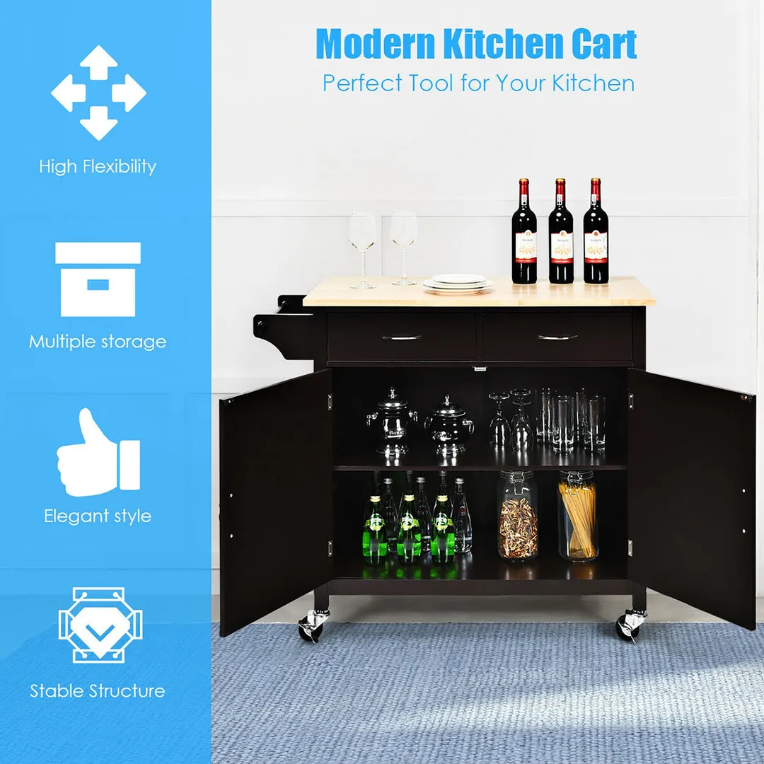 Costway Black Wood Base with Wood Top Rolling Kitchen Cart (19-in x 43-in x 35.5-in), photo 3 of 10