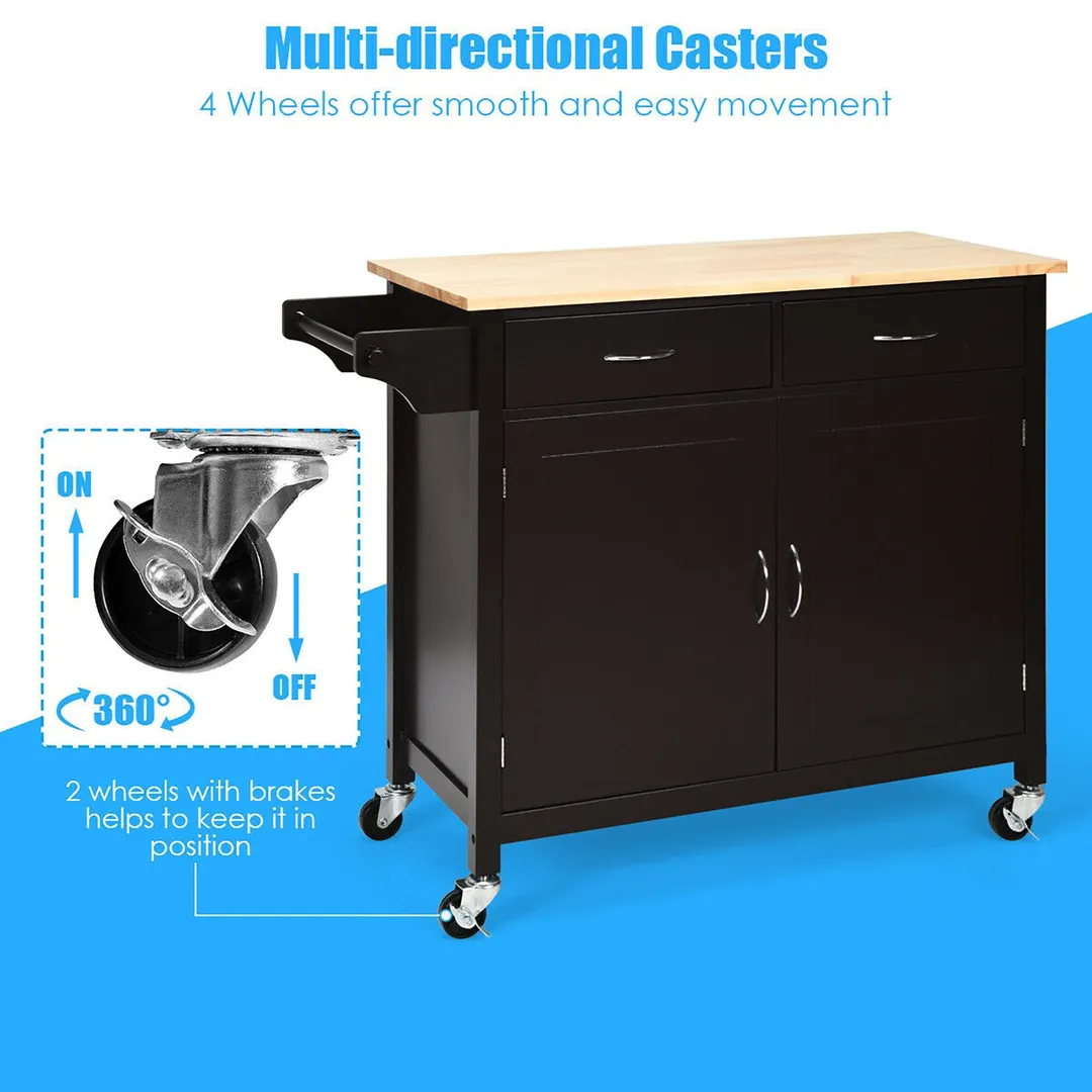 Costway Black Wood Base with Wood Top Rolling Kitchen Cart (19-in x 43-in x 35.5-in), photo 4 of 10