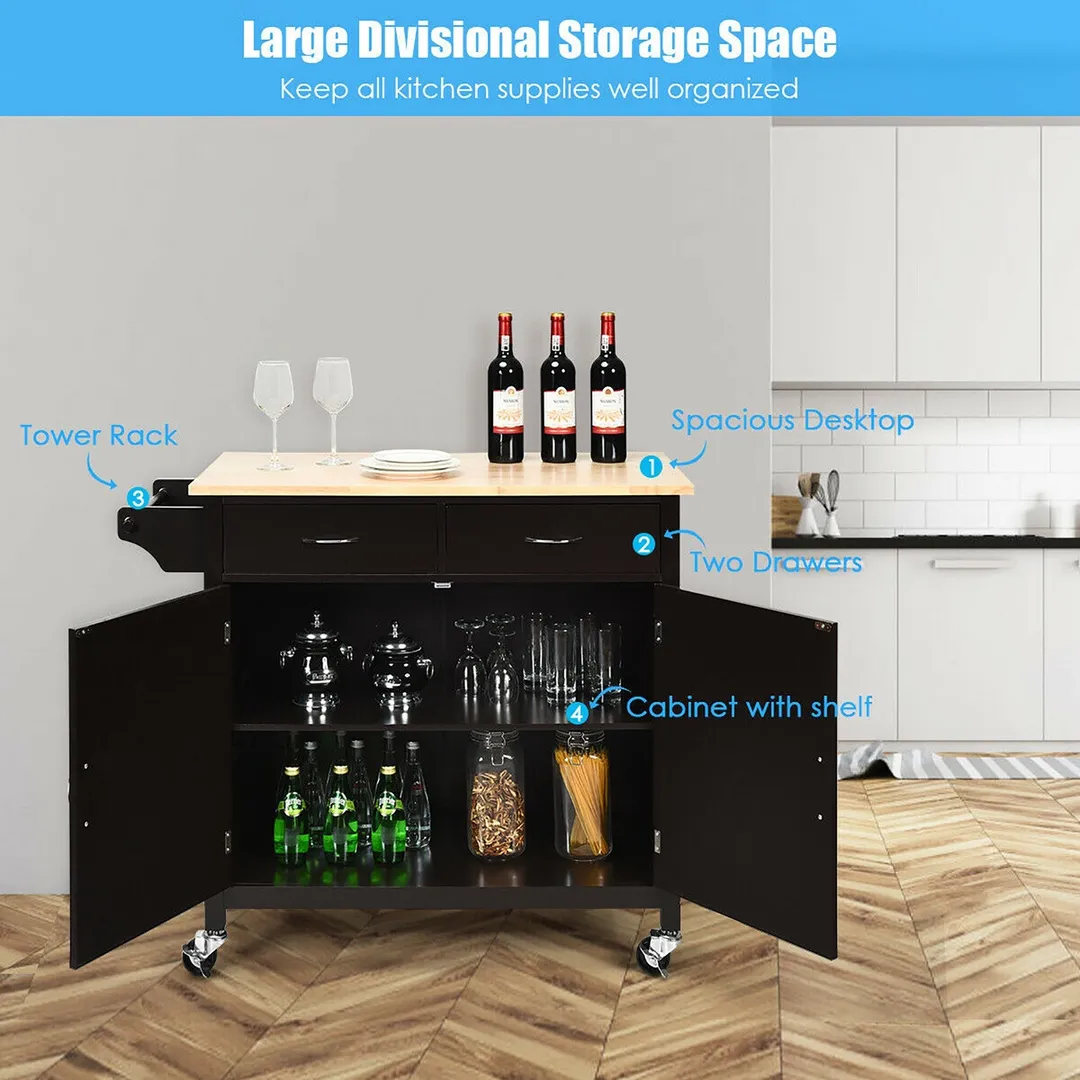 Costway Black Wood Base with Wood Top Rolling Kitchen Cart (19-in x 43-in x 35.5-in), photo 5 of 10