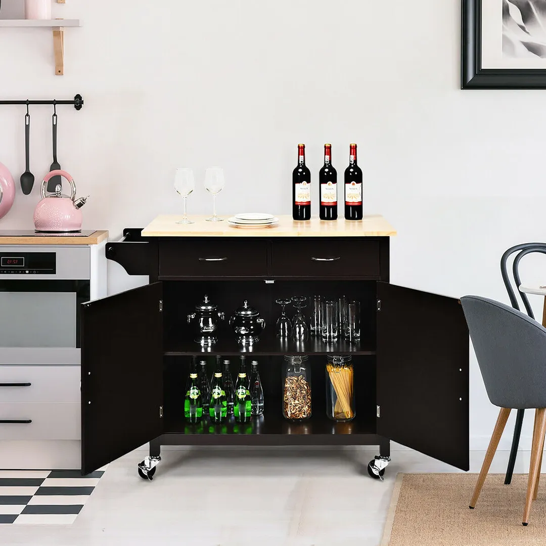 Costway Black Wood Base with Wood Top Rolling Kitchen Cart (19-in x 43-in x 35.5-in), photo 9 of 10