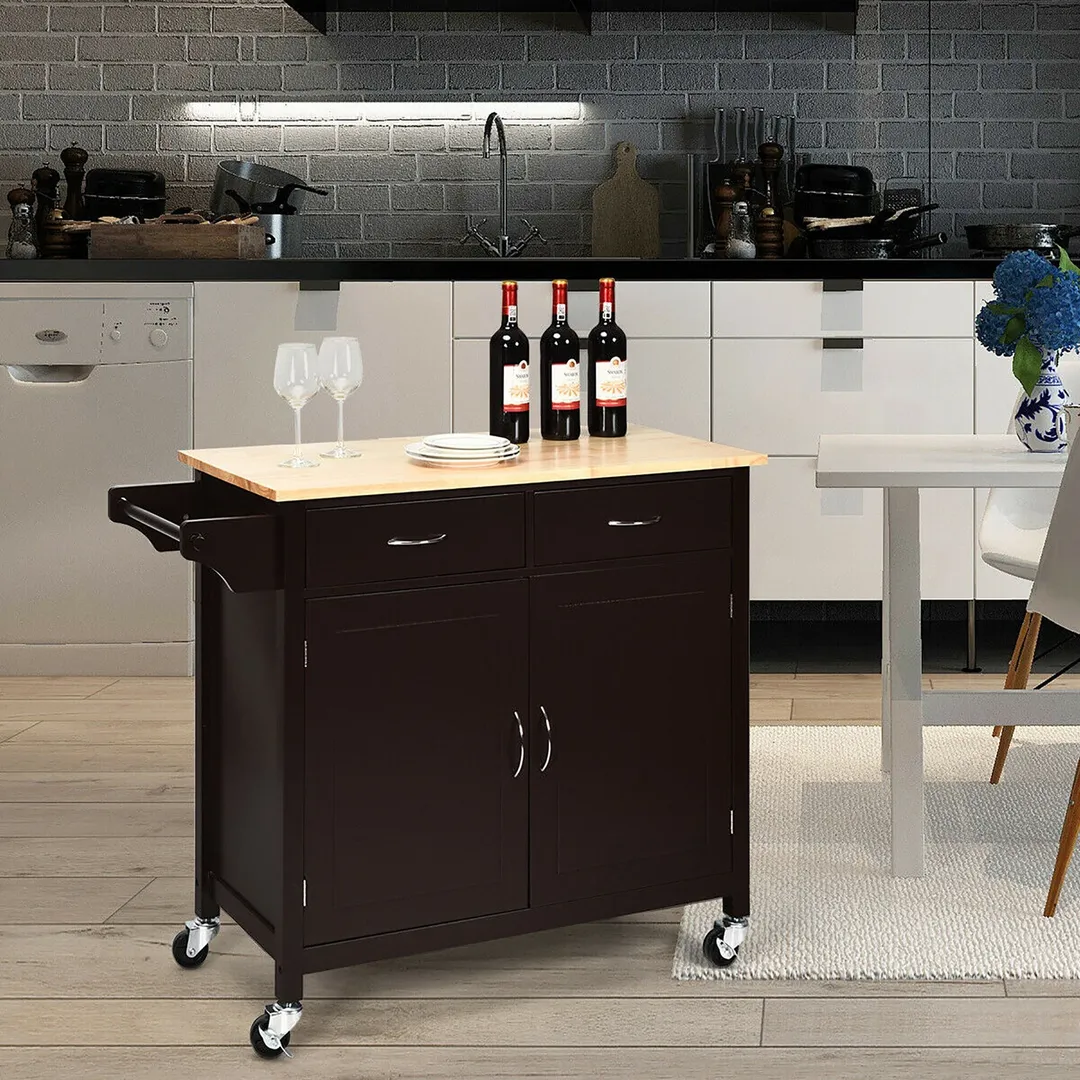 Costway Black Wood Base with Wood Top Rolling Kitchen Cart (19-in x 43-in x 35.5-in), photo 8 of 10