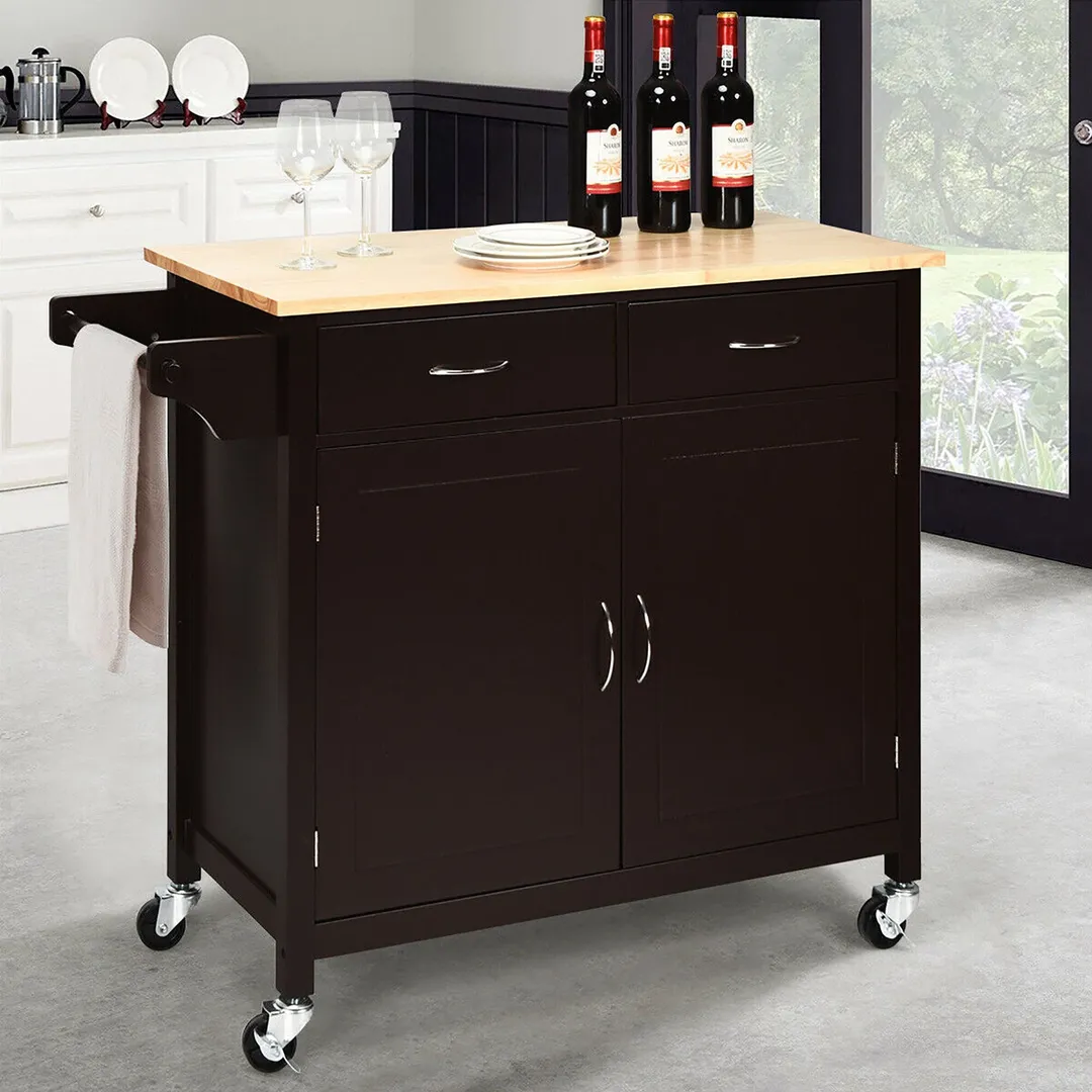 Costway Black Wood Base with Wood Top Rolling Kitchen Cart (19-in x 43-in x 35.5-in), photo 10 of 10