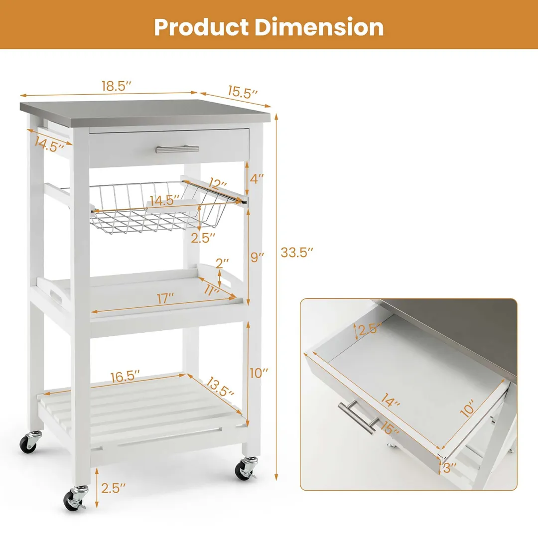 Costway White Metal Base with Mdf Wood Top Rolling Kitchen Cart (15.5-in x 18.5-in x 33.5-in), photo 2 of 9