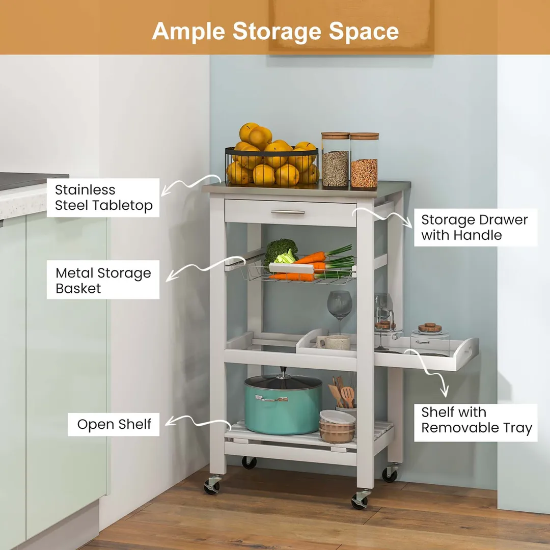 Costway White Metal Base with Mdf Wood Top Rolling Kitchen Cart (15.5-in x 18.5-in x 33.5-in), photo 3 of 9