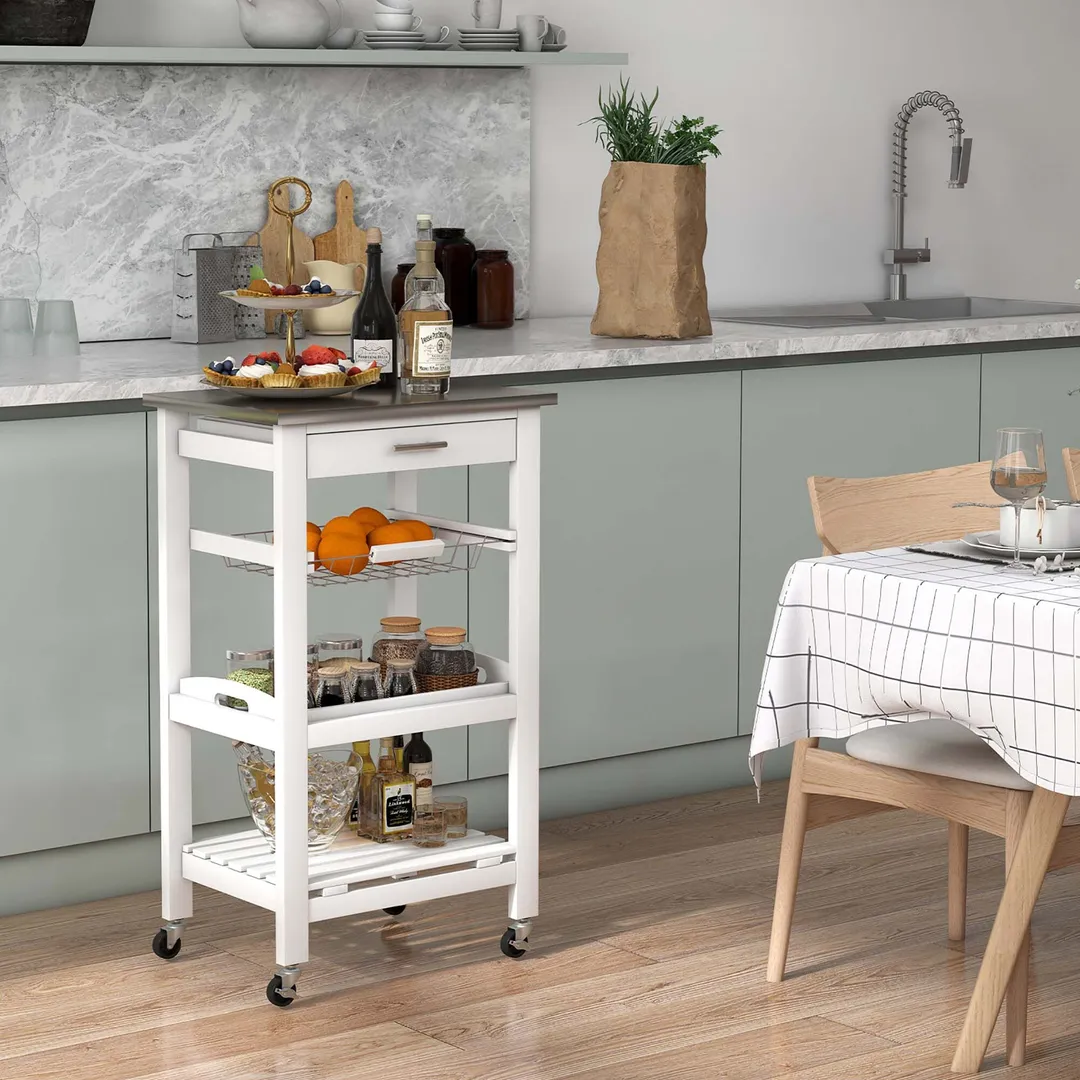 Costway White Metal Base with Mdf Wood Top Rolling Kitchen Cart (15.5-in x 18.5-in x 33.5-in), photo 7 of 9