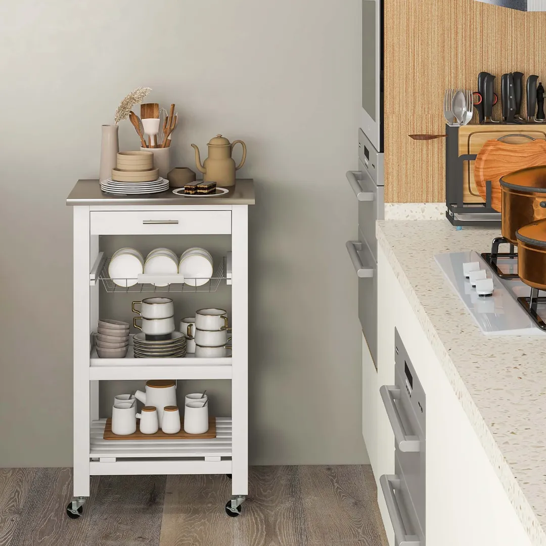 Costway White Metal Base with Mdf Wood Top Rolling Kitchen Cart (15.5-in x 18.5-in x 33.5-in), photo 8 of 9