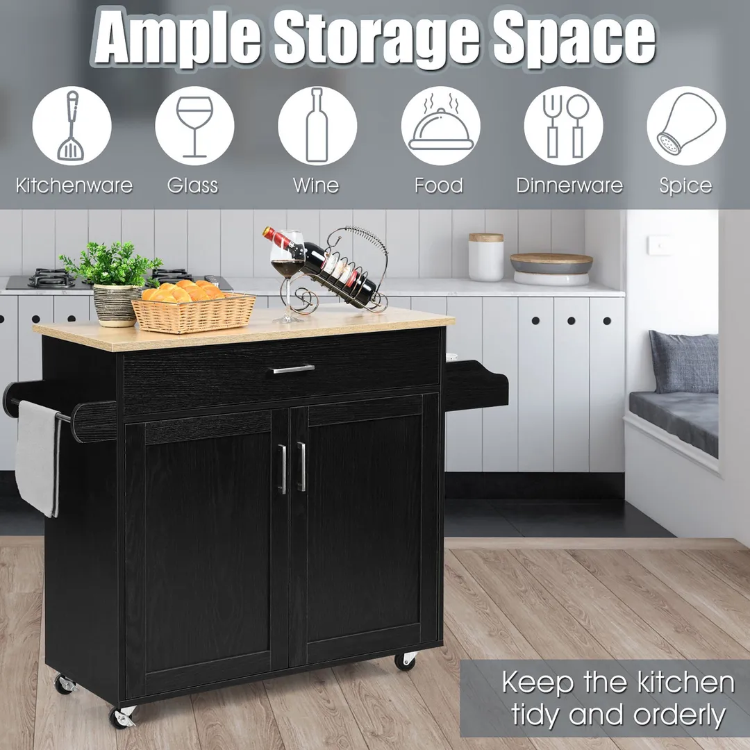 Costway Black Wood Base with Mdf Wood Top Rolling Kitchen Island (16-in x 45.5-in x 33.5-in), photo 7 of 9