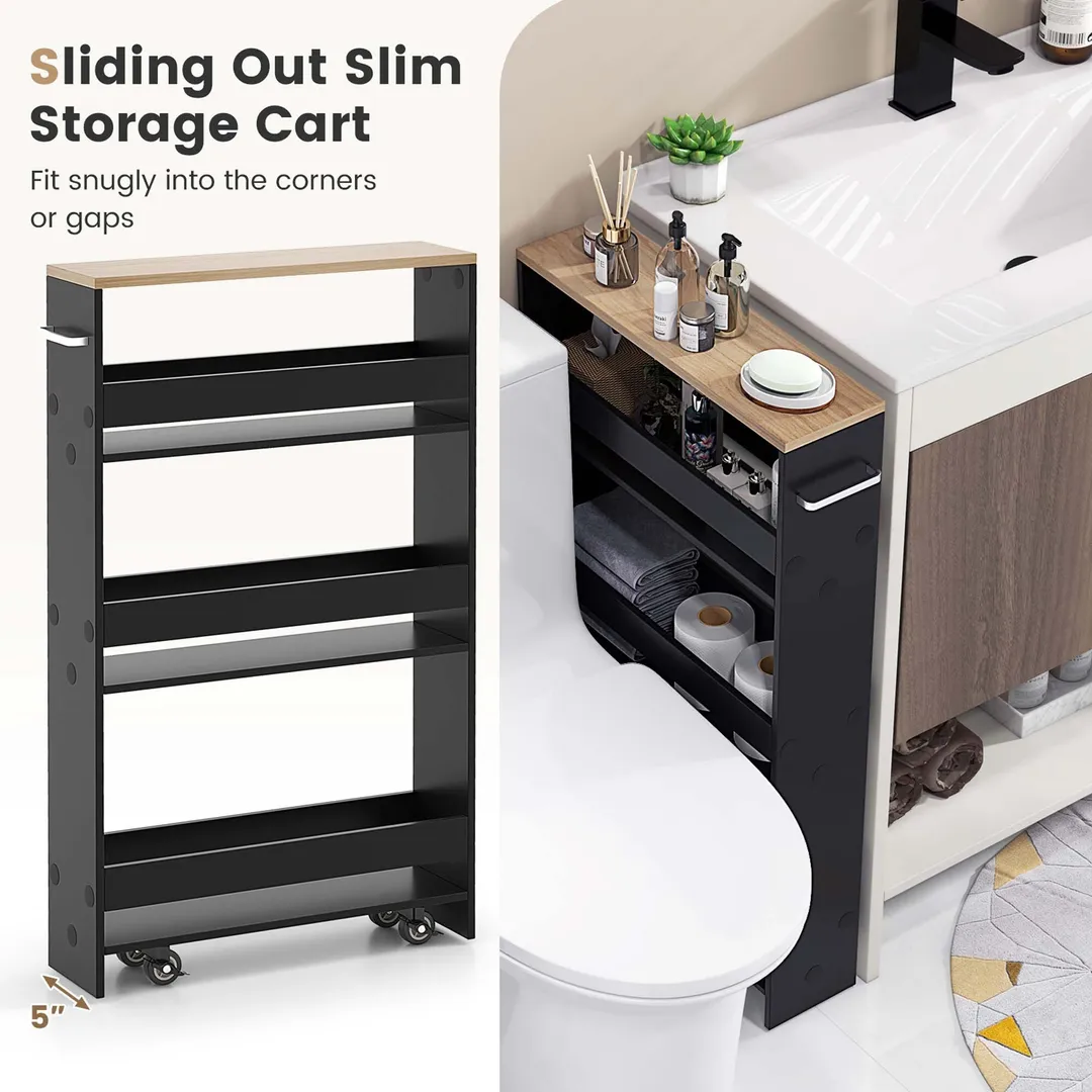 Costway Black Wood Base with Wood Top Rolling Kitchen Cart (7-in x 19-in x 32-in), photo 3 of 9