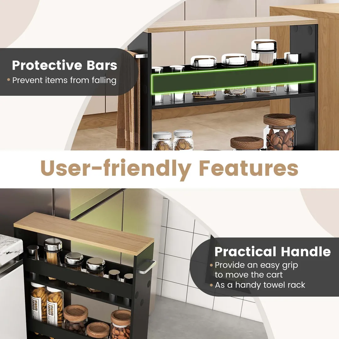 Costway Black Wood Base with Wood Top Rolling Kitchen Cart (7-in x 19-in x 32-in), photo 6 of 9