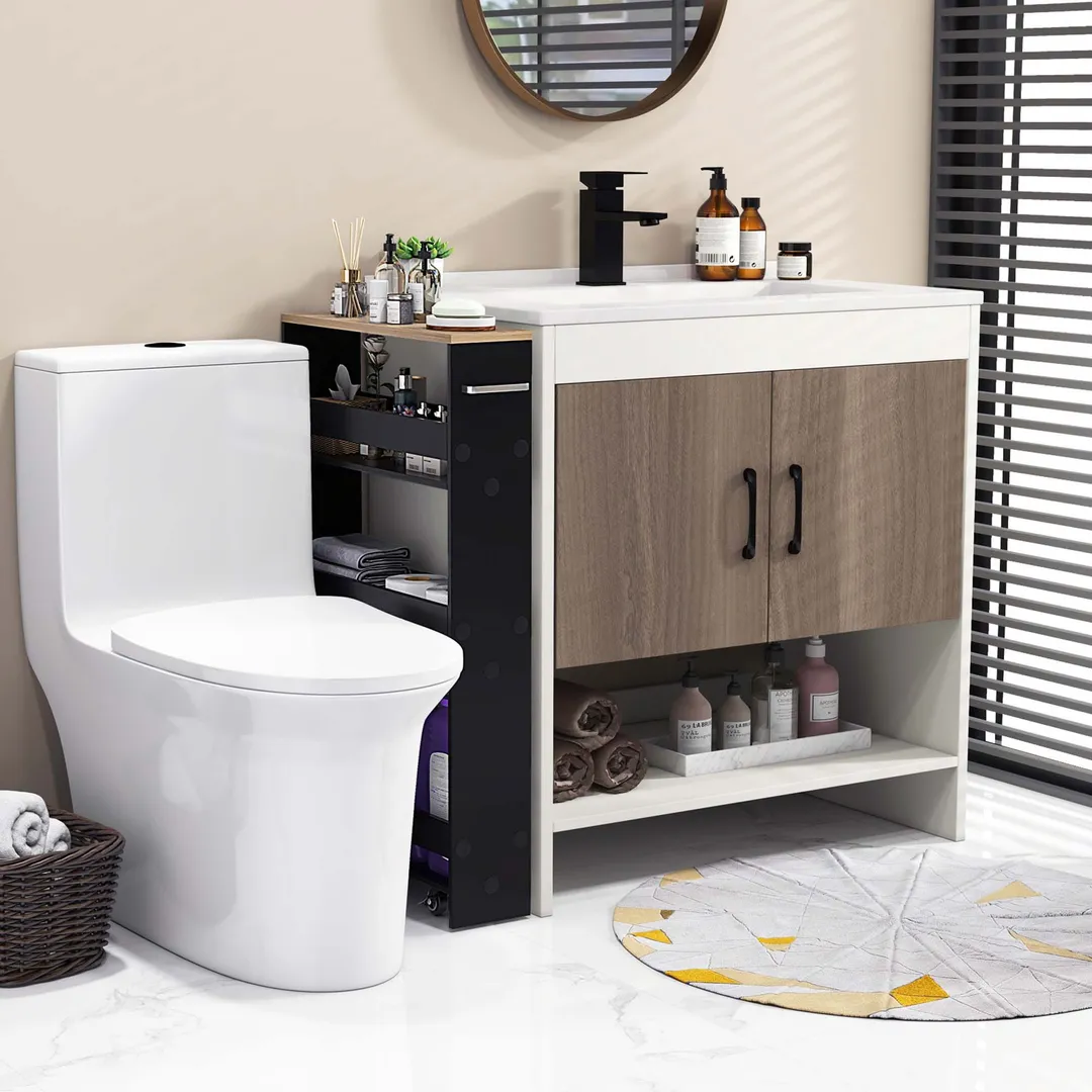 Costway Black Wood Base with Wood Top Rolling Kitchen Cart (7-in x 19-in x 32-in), photo 7 of 9