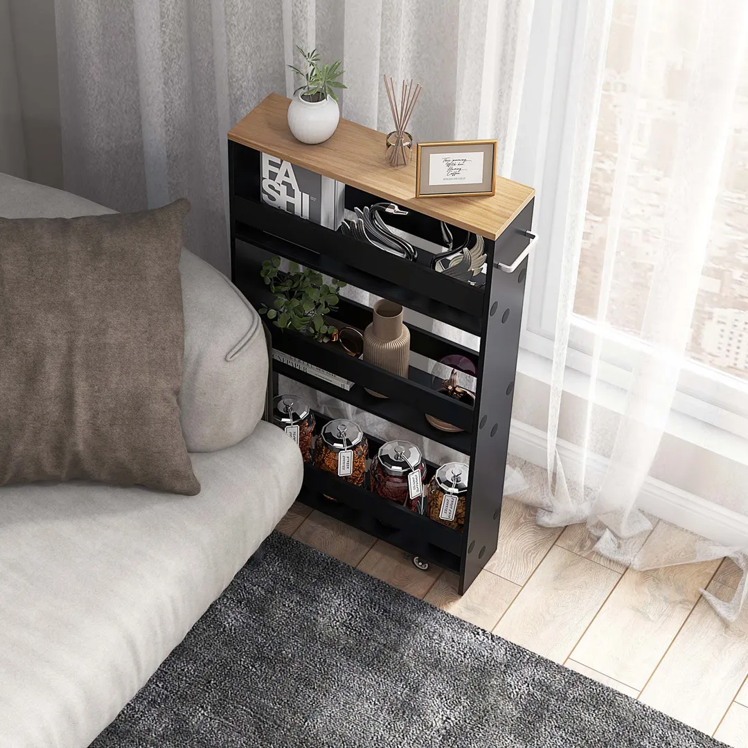 Costway Black Wood Base with Wood Top Rolling Kitchen Cart (7-in x 19-in x 32-in), photo 8 of 9