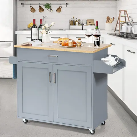 Gray Mdf Base with Wood Top Rolling Kitchen Island