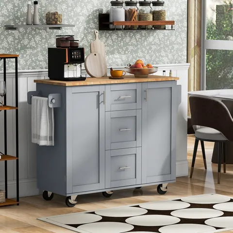 Gray Mdf Base with Mdf Wood Top Rolling Kitchen Island