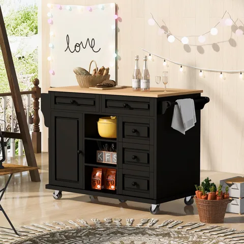 Black Mdf Base with Mdf Wood Top Rolling Kitchen Island