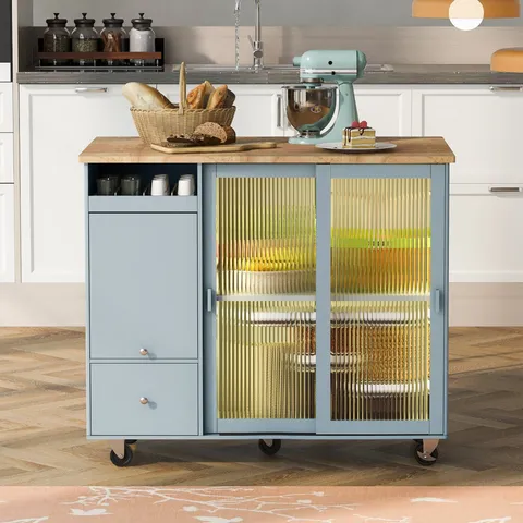 Blue Mdf Base with Mdf Wood Top Rolling Kitchen Island