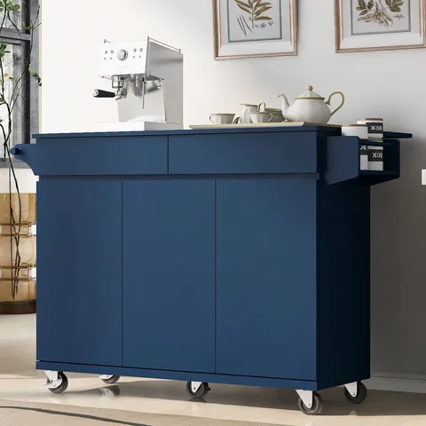 Blue Wood Base with Wood Top Rolling Kitchen Island
