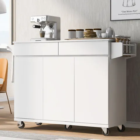 White Wood Base with Wood Top Rolling Kitchen Island