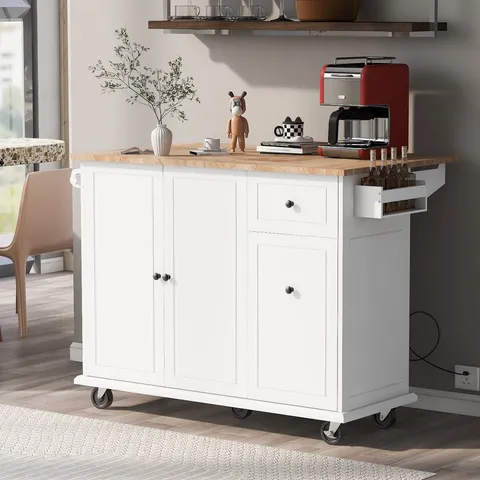 White Wood Base with Wood Top Rolling Kitchen Island