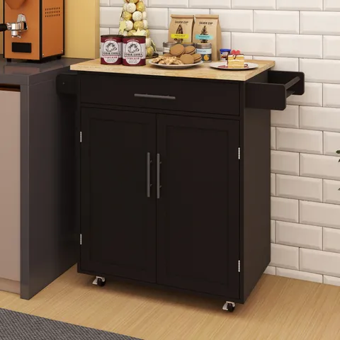 Black Wood Base with Wood Top Rolling Kitchen Island