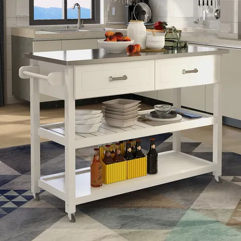 White Wood Base with Mdf Wood Top Rolling Kitchen Cart